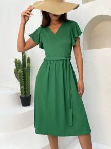 RueChic Solid Butterfly Sleeve Belted Dress - Green - View 1