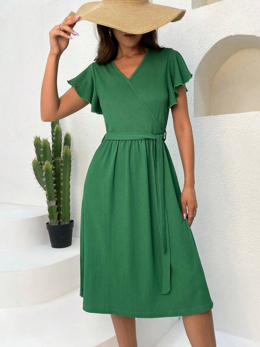 RueChic Solid Butterfly Sleeve Belted Dress - Green - View 1