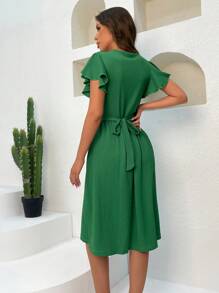 RueChic Solid Butterfly Sleeve Belted Dress - Green - View 2