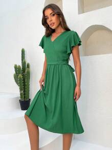 RueChic Solid Butterfly Sleeve Belted Dress - Green - View 3
