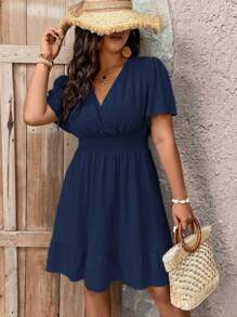 SHEIN Plus Swiss Dot Butterfly Sleeve Ruffle Hem Dress