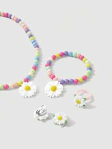 兒童花朵裝飾合成樹脂首飾套裝日常裝飾 - 彩色 - 查看 6