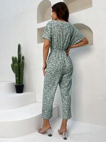 EURMUSE Ditsy Floral Print Batwing Sleeve Jumpsuit Without Belt - Green - View 2