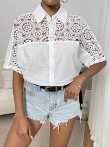 SHEIN Privé Áo sơ mi nữ Tương phản ren cắt Nút phía trước màu trơn Giải trí - trắng - Xem 6