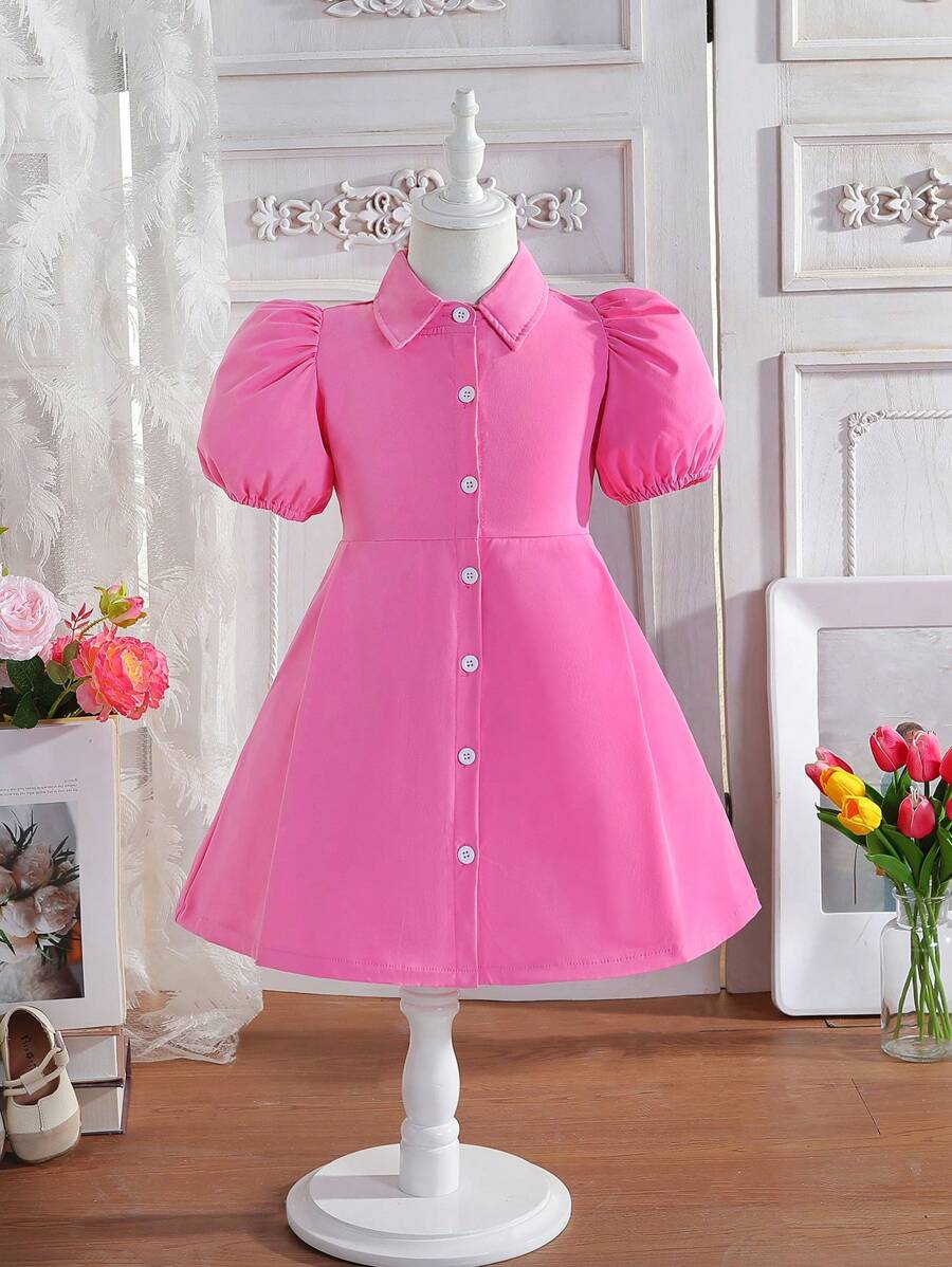 小女童泡泡袖前紐扣襯衫洋裝 - 玫紅色 - 查看 1