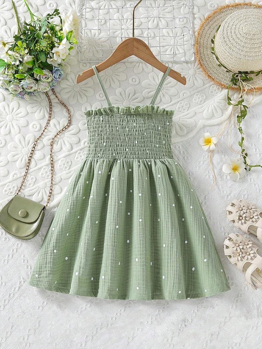 SHEIN Cô Gái Trẻ In vết tròn Polka Lá sen tỉa Váy Dây - màu xanh lá - Xem 1