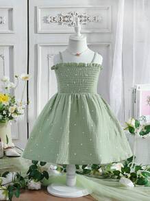 SHEIN Cô Gái Trẻ In vết tròn Polka Lá sen tỉa Váy Dây - màu xanh lá - Xem 3