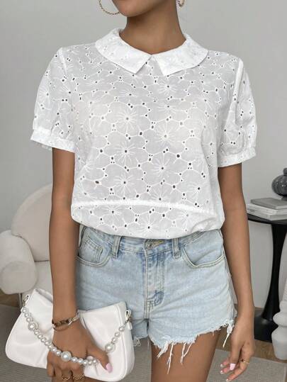 SHEIN Privé 網眼刺繡彼得潘領泡泡袖襯衫