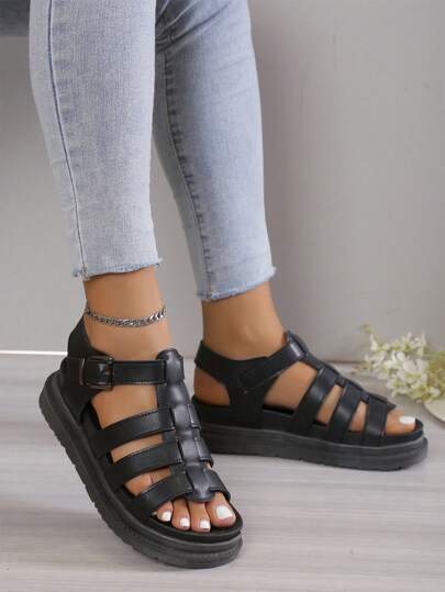 女士搭扣裝飾厚底羅馬涼鞋,度假黑色涼鞋適合夏天