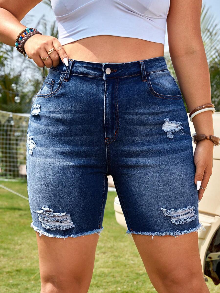SHEIN Clasi Plus Ripped Raw Hem Denim Shorts