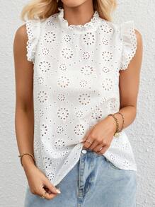 SHEIN Privé 網眼刺繡褶邊領荷葉邊襯衫 - 白色 - 查看 1