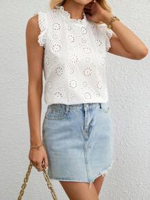 SHEIN Privé 網眼刺繡褶邊領荷葉邊襯衫 - 白色 - 查看 4