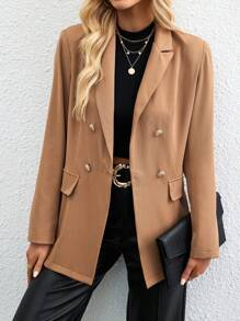 SHEIN Privé Lapel Neck Double Breasted Blazer - Brown - View 1