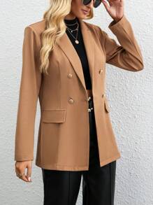 SHEIN Privé Lapel Neck Double Breasted Blazer - Brown - View 5