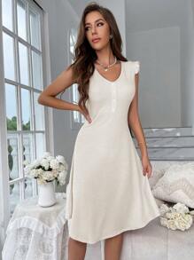 Nút Nửa Viền Ruffle Đầm giản dị - Màu be - Xem 5