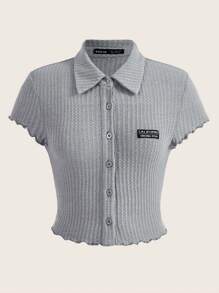 SHEIN EZwear 字母補丁細節木耳邊短款T恤 - 灰色 - 查看 1