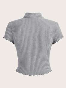 SHEIN EZwear 字母補丁細節木耳邊短款T恤 - 灰色 - 查看 2