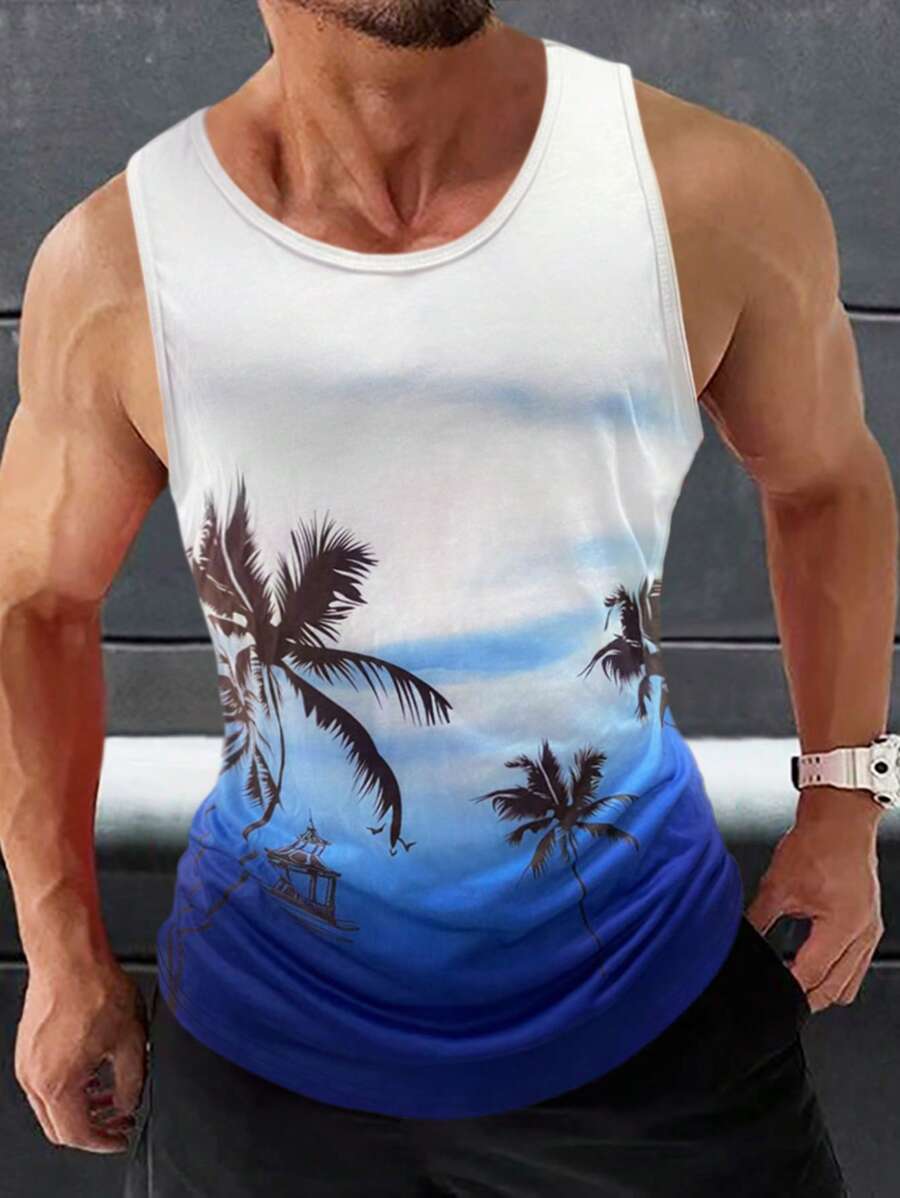 Manfinity RSRT Áo thun & Áo lót Nam Nhiệt đới Ombre Giải trí - Xanh và trắng - Xem 1