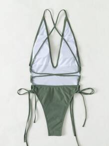 SHEIN Swim Summer Beach Plain Lace Up One Piece Swimsuit - Army Green - View 7