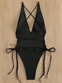 Swim SXY Summer Beach Plain Tie Side High Cut One Piece Swimsuit - Black - View 6