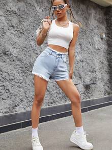 Quần short denim nữ Nút Túi Hem thô Dây kéo màu trơn - Rửa nhẹ - Xem 6