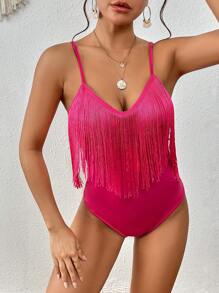 SHEIN VCAY 流蘇邊吊帶連體衣 - 玫紅色 - 查看 4
