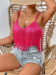 SHEIN VCAY 流蘇邊吊帶連體衣 - 玫紅色 - 查看 5