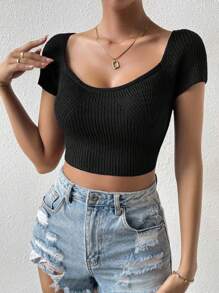 SHEIN Privé Áo dệt kim nữ Gân đan màu trơn Giải trí - màu đen - Xem 5