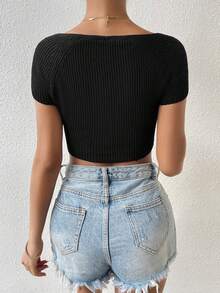 SHEIN Privé Áo dệt kim nữ Gân đan màu trơn Giải trí - màu đen - Xem 2