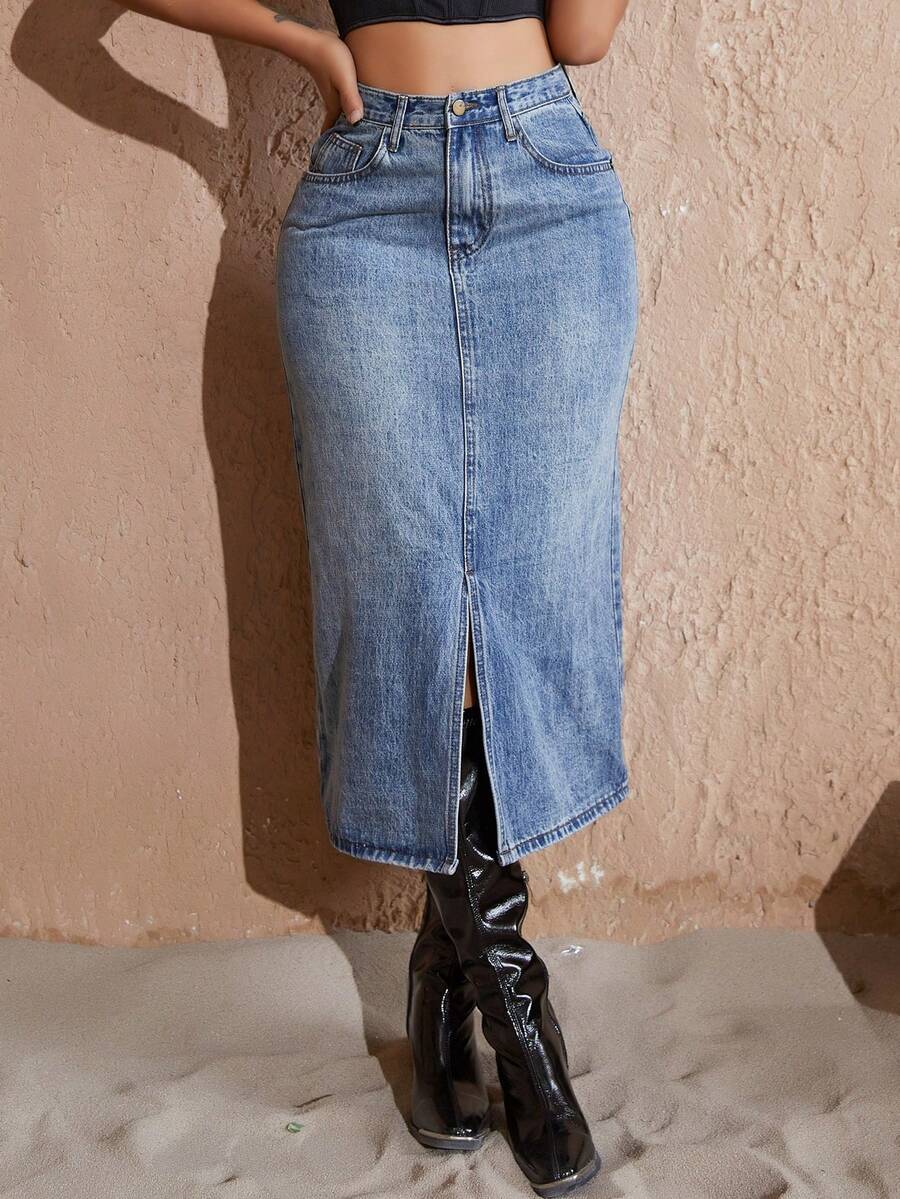 Váy denim có túi xéo cạp cao xẻ tà - Rửa nhẹ - Xem 1