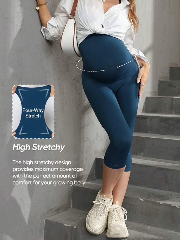 Maternity High Waisted Belly Support Capris Leggings With Expandable
