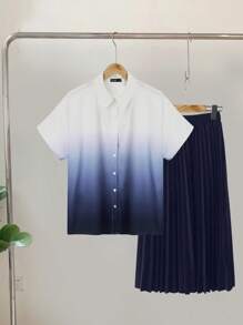 Celure Plus Elastic Waist Pleated Skirt - Blue - View 5