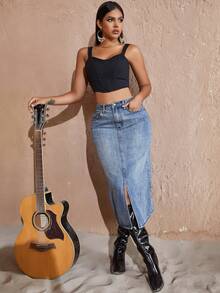 Váy denim có túi xéo cạp cao xẻ tà - Rửa nhẹ - Xem 3