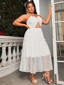 Glamaker Plus Twist Front Cut Out Ruffle Hem Lace Cami Dress