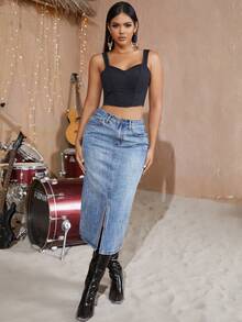 Váy denim có túi xéo cạp cao xẻ tà - Rửa nhẹ - Xem 4