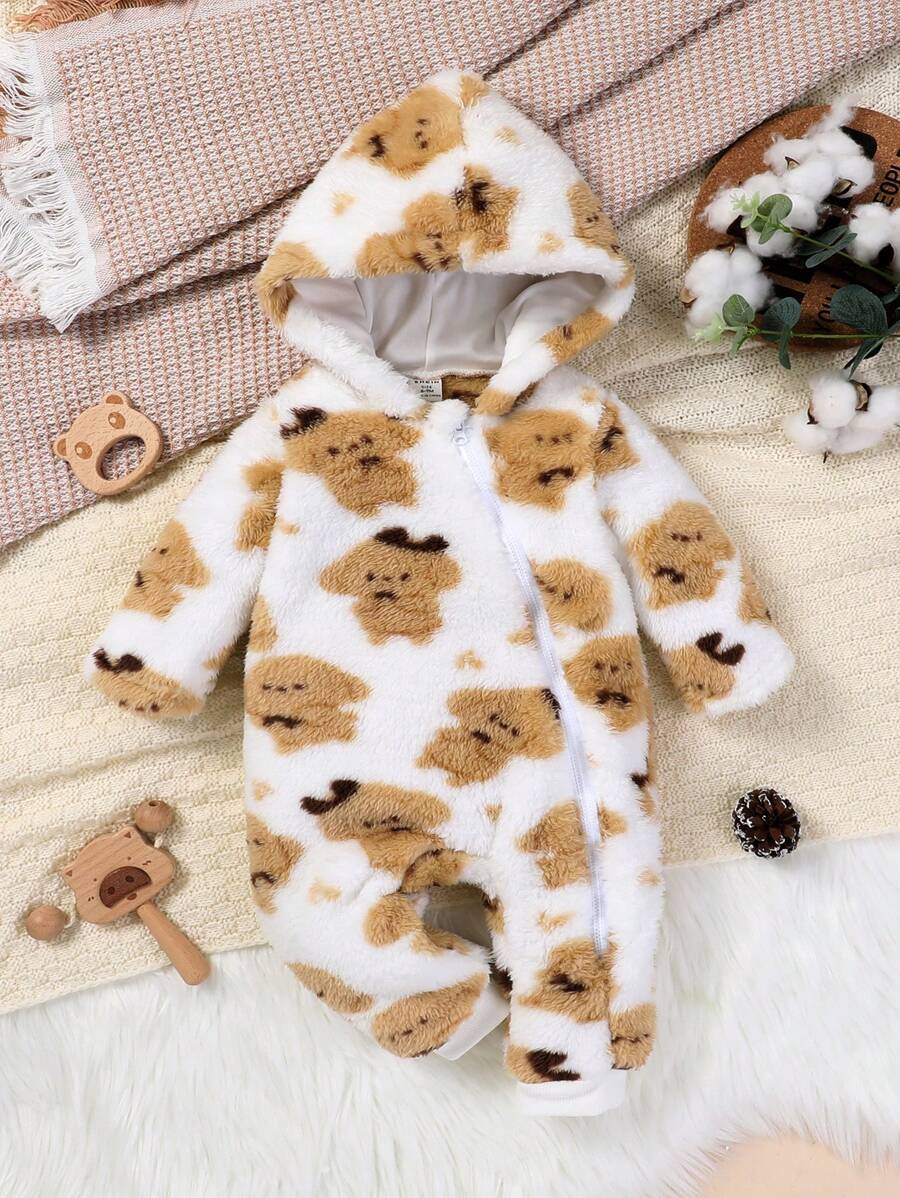 Baby Boy Bear Pattern Hooded Teddy Jumpsuit - Multicolor - View 1
