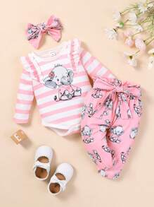 Body Y Pantalón Con Cinturón Para Niña Pequeña Con Rayas Y Gráficos De Dibujos Animados Decorativos Y Ribete De Volantes - Rosa - Ver 1