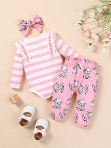 Body Y Pantalón Con Cinturón Para Niña Pequeña Con Rayas Y Gráficos De Dibujos Animados Decorativos Y Ribete De Volantes - Rosa - Ver 2