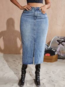 Váy denim có túi xéo cạp cao xẻ tà - Rửa nhẹ - Xem 5