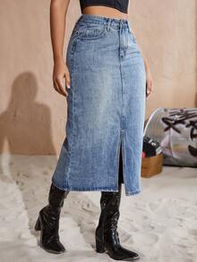 Váy denim có túi xéo cạp cao xẻ tà - Rửa nhẹ - Xem 6