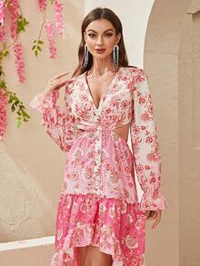 YISIKADO 印花腰部鏤空高低下擺連衣裙 - 淺粉色 - 查看 4