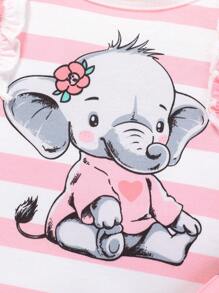 Body Y Pantalón Con Cinturón Para Niña Pequeña Con Rayas Y Gráficos De Dibujos Animados Decorativos Y Ribete De Volantes - Rosa - Ver 5