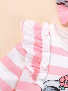 Body Y Pantalón Con Cinturón Para Niña Pequeña Con Rayas Y Gráficos De Dibujos Animados Decorativos Y Ribete De Volantes - Rosa - Ver 7