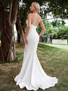 Elasola Vestito da sposa elegante bianco senza velo con orlo a coda di sirena