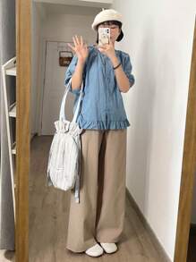 DAZY 實色闊腳褲 - 卡其色 - 查看 9