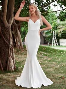 Elasola Vestito da sposa elegante bianco senza velo con orlo a coda di sirena