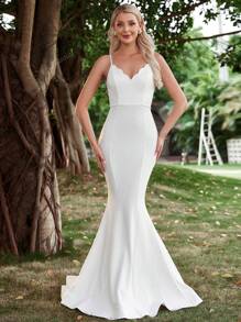 Elasola Vestito da sposa elegante bianco senza velo con orlo a coda di sirena