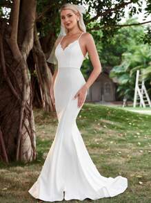Elasola Vestito da sposa elegante bianco senza velo con orlo a coda di sirena