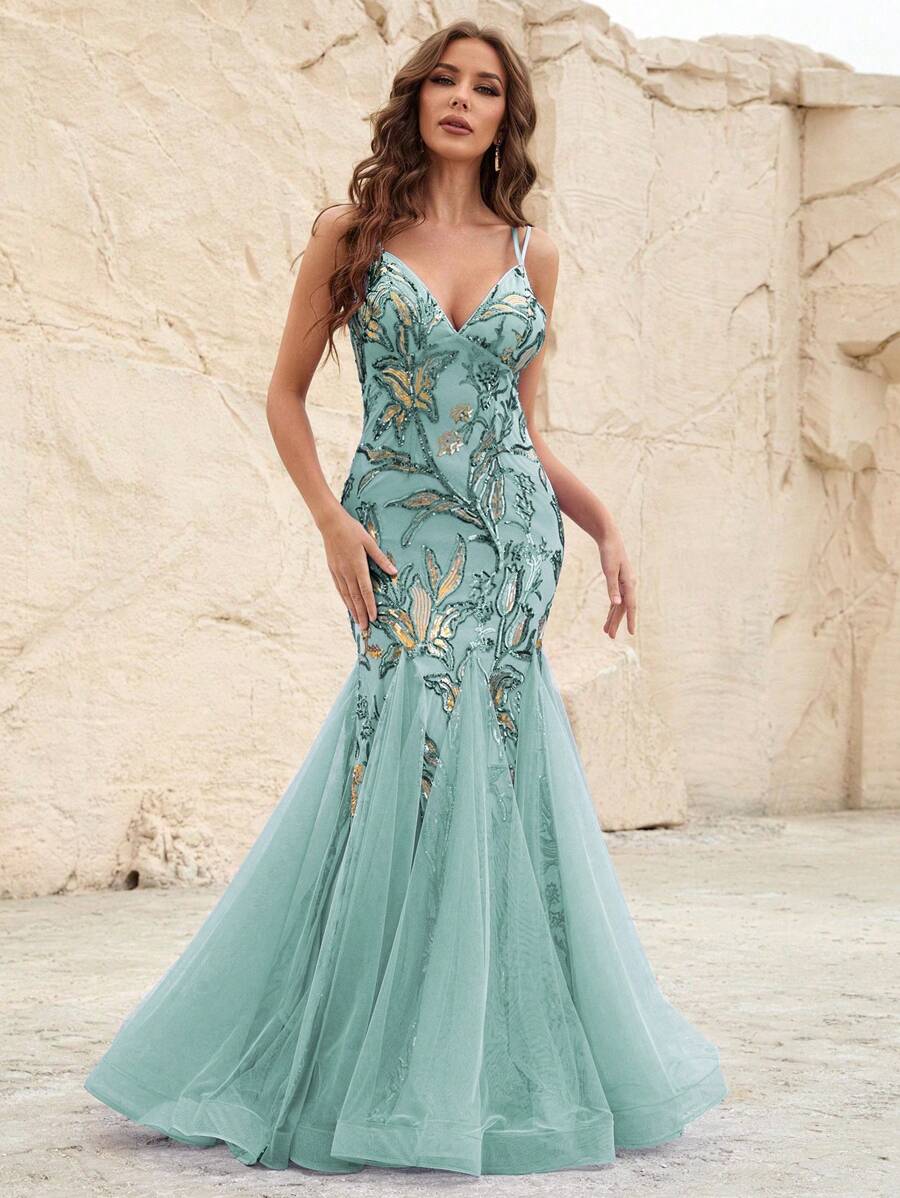 Sequin Plants Detail Mesh Overlay Cami Formal Dress - Mint Green - View 1
