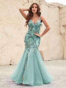Sequin Plants Detail Mesh Overlay Cami Formal Dress - Mint Green - View 4